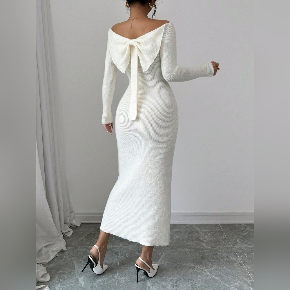 Women's Off Shoulder Bowknot Sweater Dress, Elegant Design For Autumn/Winter - Picture 5 of 7